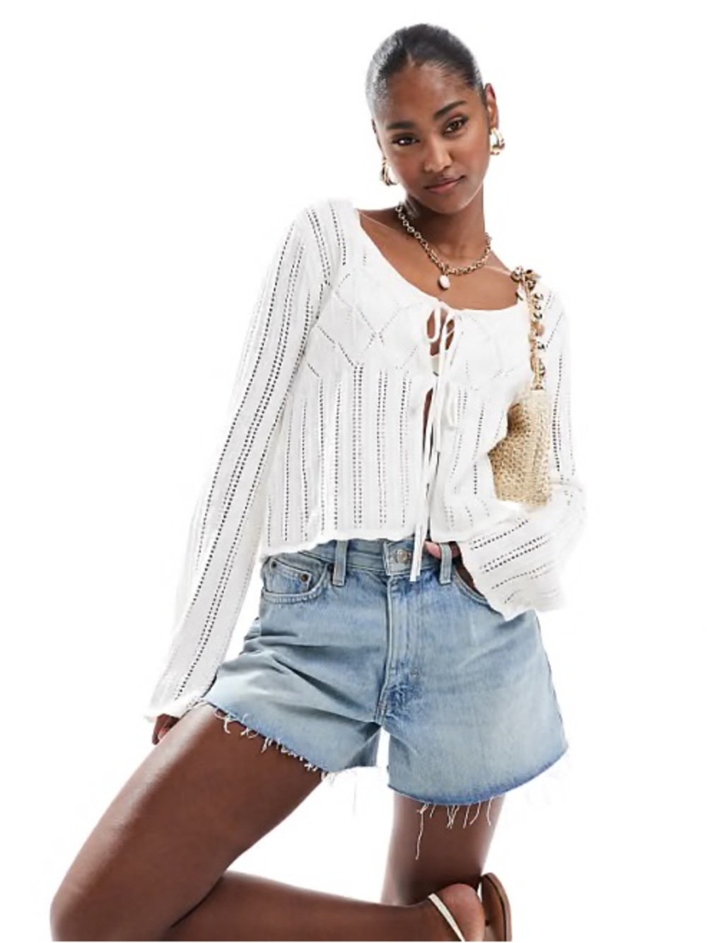 Hollister White Tie-Front Open Knit Top Crochet-Style Tie-Front Sweater - Women